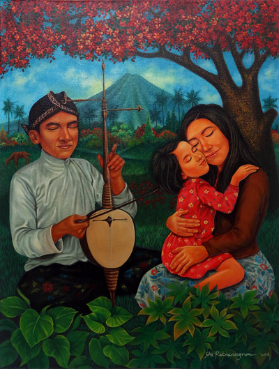 'Happy Life' - Colorful Painting of a Family at Peace with Nature