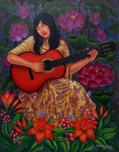 'Song of My Guitar' - Portrait of a Woman with a Guitar Painting from Java