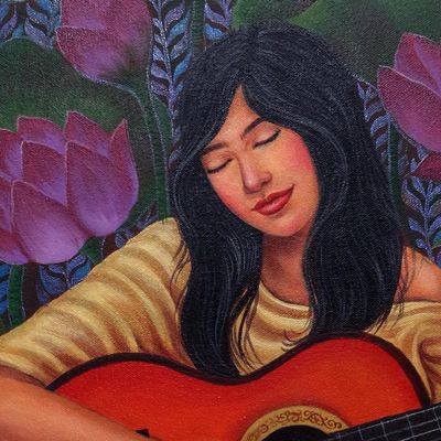 'Song of My Guitar' - Portrait of a Woman with a Guitar Painting from Java
