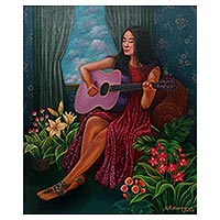 'Niluh's Guitar' - Signed Original Javanese Painting of a Woman and Her Guitar