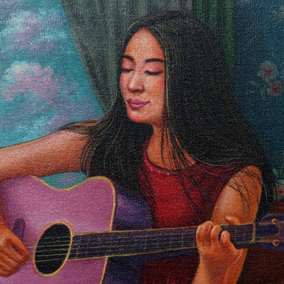 'Niluh's Guitar' - Pintura javanesa original firmada de una mujer y su guitarra