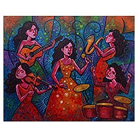 „Harmonie eines Konzerts“ – Originalgemälde einer balinesischen Frauenmusikgruppe