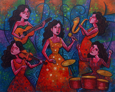 'Armonía de un concierto' - Pintura original de un grupo musical de mujeres balinesas