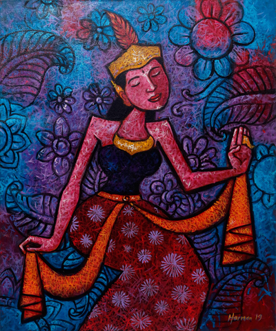 'Serimpi Dance' - Signed Original Painting of a Javanese Serimpi Dancer