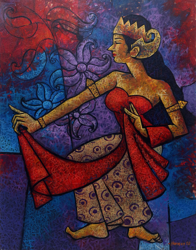 'Dancing with Passion' - Pintura acrílica original firmada de una bailarina de Java