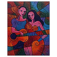 „Intimität“ – Signiertes originales kubistisches Kunstgemälde aus Java
