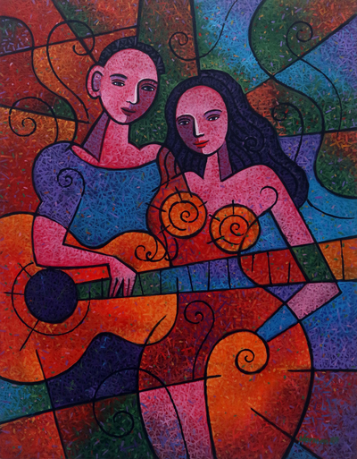 'Intimacy' - Signed Original Cubist Fine Art Painting from Java