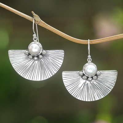 Cultured pearl dangle earrings, 'Celuk Fan' - Cultured White Pearl and Sterling Silver Earrings