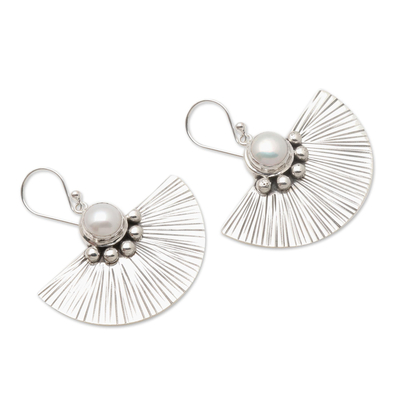 Cultured pearl dangle earrings, 'Celuk Fan' - Cultured White Pearl and Sterling Silver Earrings