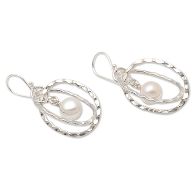 Cultured pearl dangle earrings, 'Undulation' - Cultured Pearl and Sterling Silver Earrings from Bali