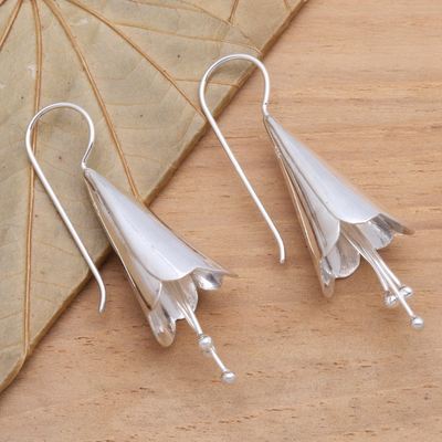 Sterling silver drop earrings, 'Celuk Lily' - Lily-Shaped Sterling Silver Drop Earrings