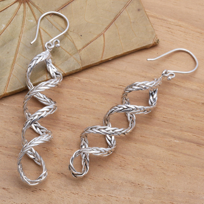 Sterling silver dangle earrings, 'Braided Helix' - Balinese Sterling Silver Helix Dangle Earrings