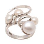 Cultured pearl cocktail ring, 'Wave Crest' - Creamy White Cultured Pearl Cocktail Ring