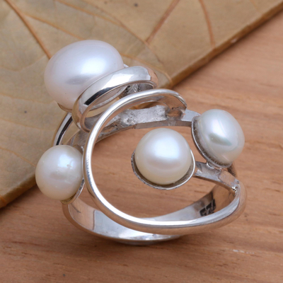 Cultured pearl cocktail ring, 'Wave Crest' - Creamy White Cultured Pearl Cocktail Ring