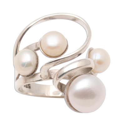 Cultured pearl cocktail ring, 'Wave Crest' - Creamy White Cultured Pearl Cocktail Ring