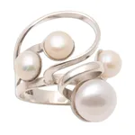 Cultured pearl cocktail ring, 'Wave Crest' - Creamy White Cultured Pearl Cocktail Ring