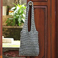 Beaded crocheted cotton shoulder bag, 'Creative Effort in Slate' - Blue-Grey Crocheted Shoulder Bag with Wood Beads