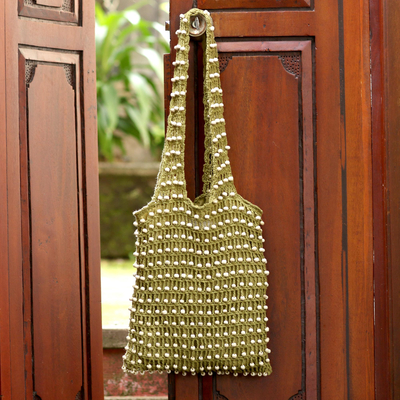 Perlengehäkelte Umhängetasche aus Baumwolle - Gehäkelte Umhängetasche aus olivgrüner Baumwolle aus Bali