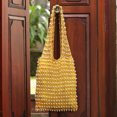 Beaded crocheted cotton shoulder bag, 'Creative Effort in Maize' - Golden Yellow Crocheted Cotton Shoulder Bag