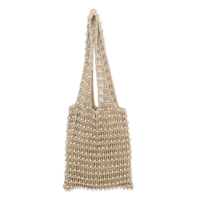 Umhängetasche aus perlengehäkelter Baumwolle, 'Creative Effort in Beige'. - Handgehäkelte Umhängetasche für Frauen mit beigefarbenen Perlen