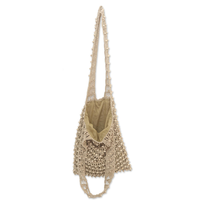 Beaded crocheted cotton shoulder bag, 'Creative Effort in Beige' - Beige Beaded Hand Crocheted Women's Shoulder Bag