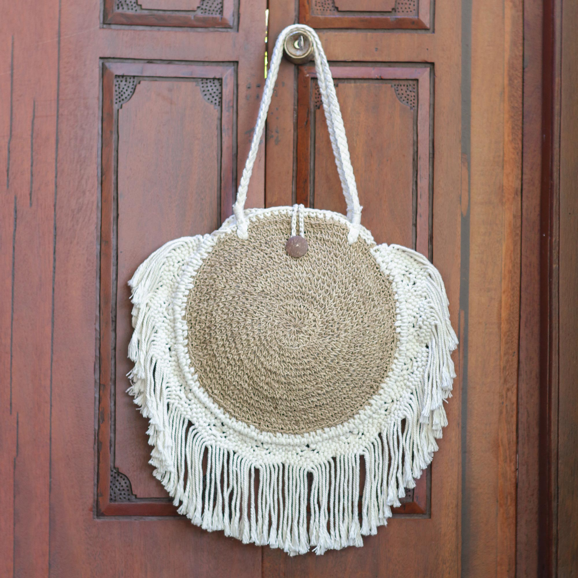 Handmade White Crochet Bag With Fringes And Bamboo Handles