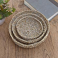 Natural fiber baskets, 'Three Fold in Natural' (set of 3) - Artisan Crafted Natural Fiber and Nylon Baskets (Set of 3)