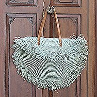 Leather-accented natural fiber shoulder bag, 'Green Crescent' - Handwoven Pineapple Leaf Shoulder Bag with Leather Straps