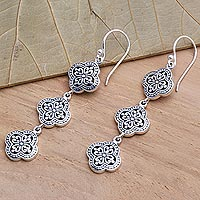 Artisan Crafted Sterling Silver Dangle Earrings,'Four-Petaled Flowers'