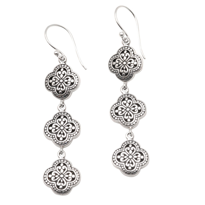 Artisan Crafted Sterling Silver Dangle Earrings - Four-Petaled Flowers ...