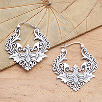 Ornate Balinese Sterling Silver Hoop Earrings,'Floral Flame'