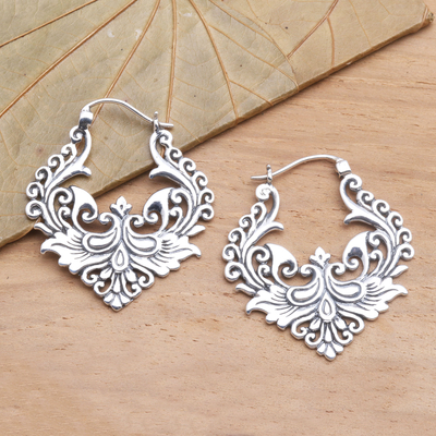 Sterling silver hoop earrings, 'Floral Flame' - Ornate Balinese Sterling Silver Hoop Earrings