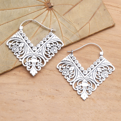 Sterling silver hoop earrings, 'Rhapsody in V' - Ornate Balinese Sterling Silver Squared Hoop Earrings