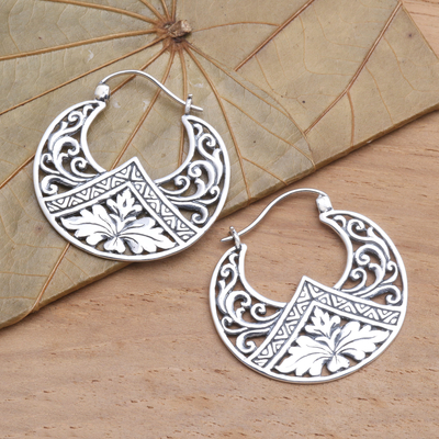 Sterling silver hoop earrings, 'Flame Flower' - Sterling Silver Floral Theme Hoop Earrings  from Bali