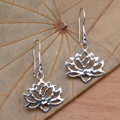 Sterling silver dangle earrings, 'Lotus Silhouette' - Handcrafted Sterling Silver Lotus Blossom Dangle Earrings
