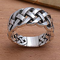 Sterling silver band ring, 'Bright Braid'