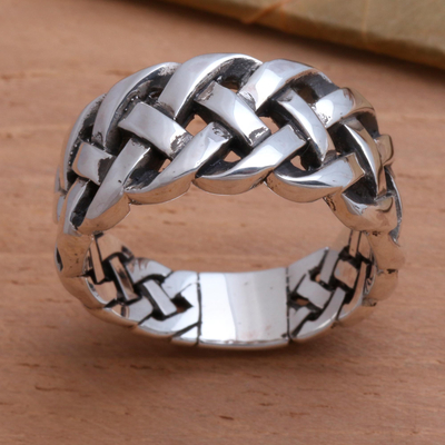 Sterling silver band ring, 'Bright Braid' - Bold Braided Sterling Silver Ring Handcrafted in Bali