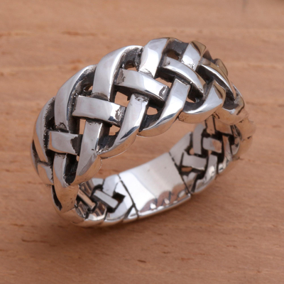 Sterling silver band ring, 'Bold Braid' - Bold Braided Sterling Silver Ring Handcrafted in Bali