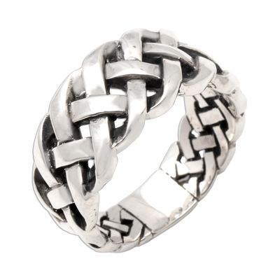 Sterling silver band ring, 'Bright Braid' - Bold Braided Sterling Silver Ring Handcrafted in Bali