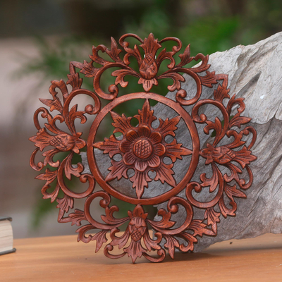 Wood relief panel, 'Sunflower Circle' - Hand Carved Balinese Floral Wood Relief Panel