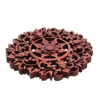Wood relief panel, 'Sunflower Circle' - Hand Carved Balinese Floral Wood Relief Panel