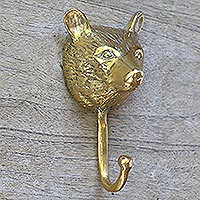 Bronze wall hook, 'Golden Bear' - Bronze Bear Wall Hook from Bali