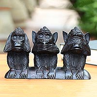 Wood sculpture, 'Wise Monkey Trio' - Three Wise Monkeys Wood Statuette from Bali