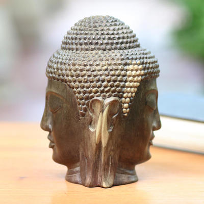 Hibiscus wood sculpture, 'Double-Faced Buddha' - Hibiscus Wood Two-Sided Buddha Sculpture