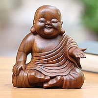 Wood sculpture, 'Tranquil Buddha'