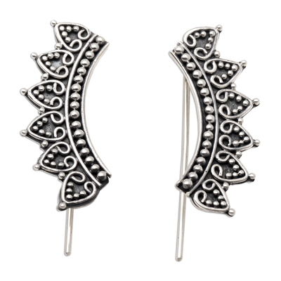 Sterling silver climber earrings, 'Magnificent Crown' - Traditional Balinese Sterling Silver Ear Climber Earrings