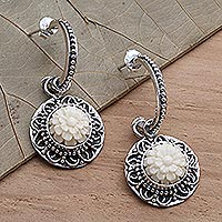 Sterling silver half hoop earrings, 'White Dahlia' - Sterling Silver Half Hoop Earrings