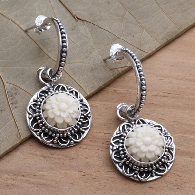 Sterling silver half hoop earrings, 'White Dahlia' - Sterling Silver Half Hoop Earrings