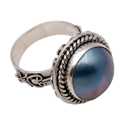 Cultured mabe pearl cocktail ring, 'Luminous Ocean' - Sterling Silver Ring with a Cultured Mabe Peacock Pearl