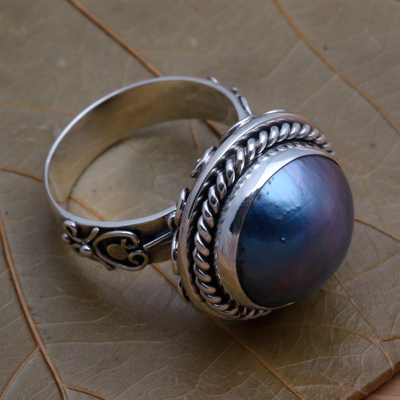 Cultured pearl cocktail ring, 'Luminous Ocean' - Sterling Silver Ring with a Cultured Mabe Peacock Pearl